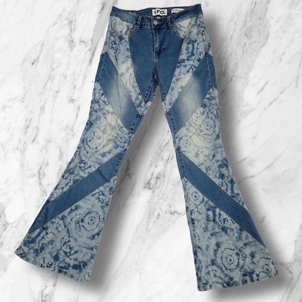 PTCL Women's Blue Tie-Dye‎ Flare Jeans High Waisted NWT Size 28 - Picture 14 of 14